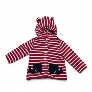 Baby‎ Gap Hooded Knit Cardigan 12–18 Months Red White Striped Sweater Whale